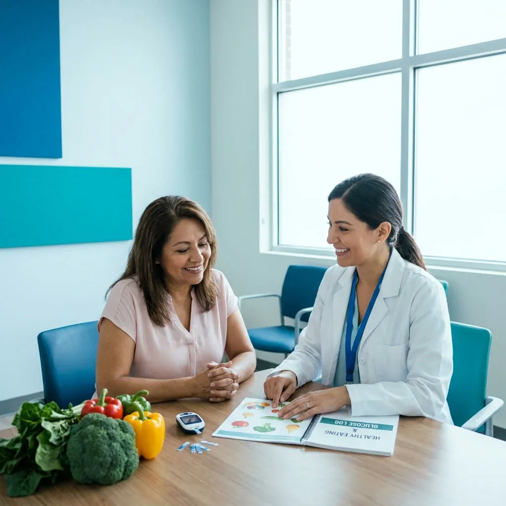 Paciente midiendo su nivel de glucosa como parte del control de diabetes en La Porte