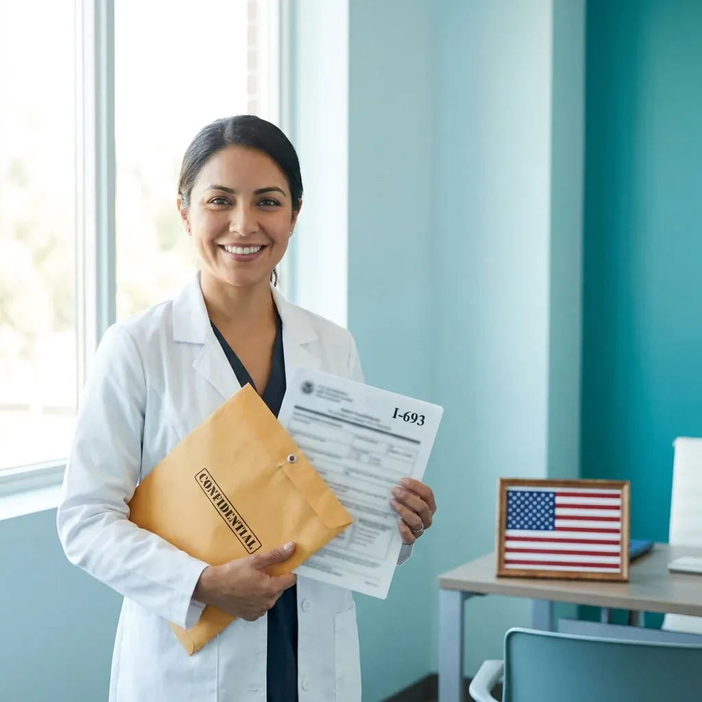 Médico autorizado por USCIS atendiendo un examen de inmigración en La Porte