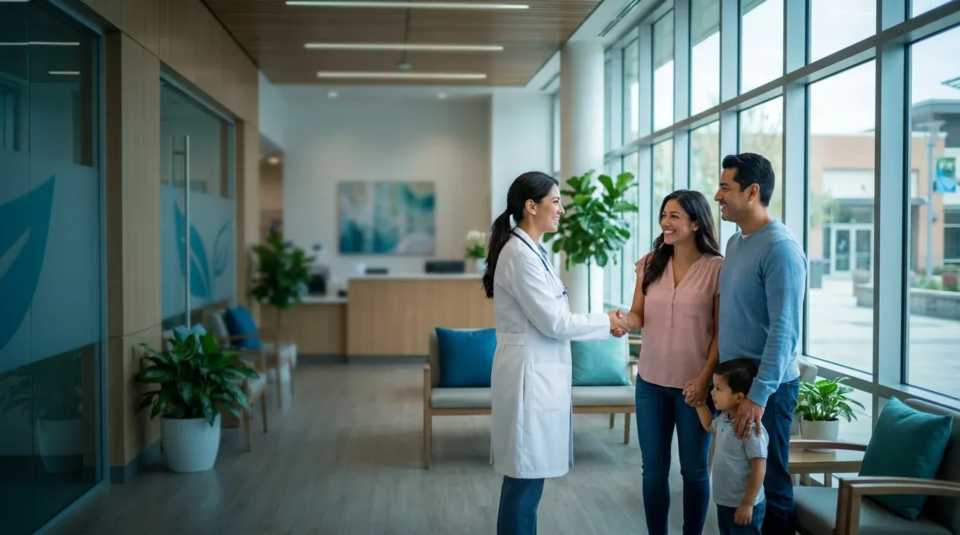 Equipo de Clínica Hispana Nueva Salud La Porte recibiendo a una familia hispana en la clínica