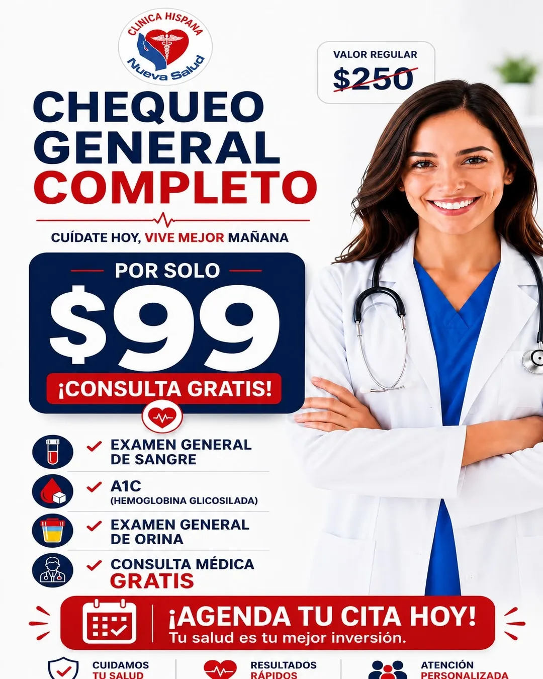 Complete general checkup promotion for $99 (regular value $250) with blood panel, A1C, urine test and free consultation at Clínica Hispana Nueva Salud La Porte, TX