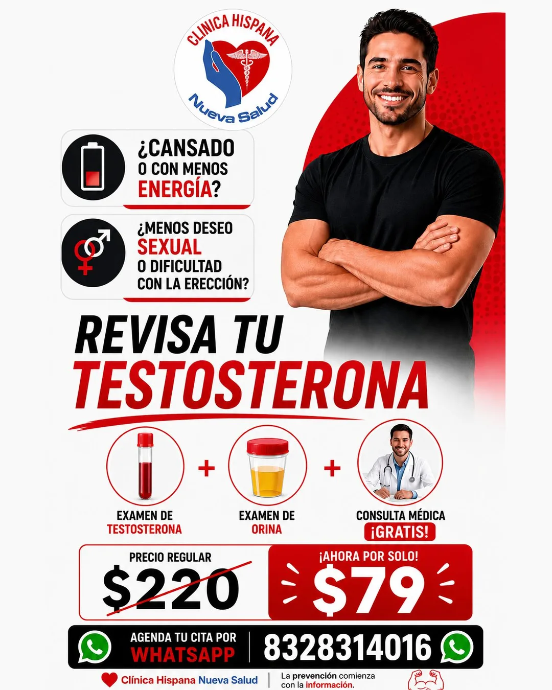 Testosterone test promotion for $79 (regular price $220) with urine test and free medical consultation at Clínica Hispana Nueva Salud La Porte, TX