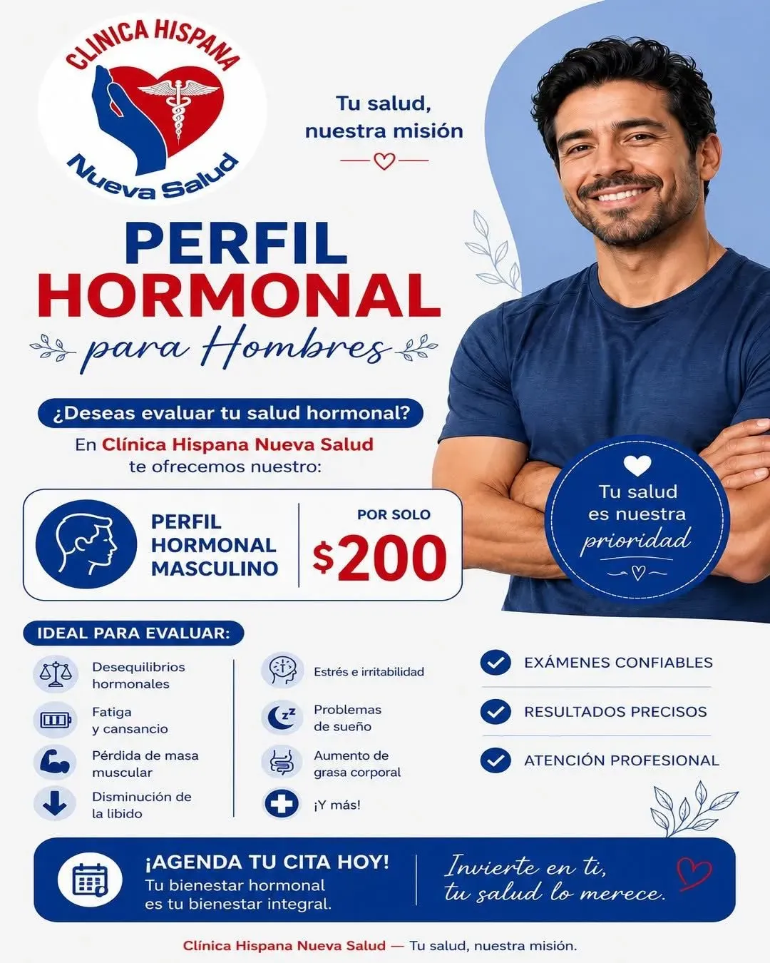 Male hormone panel promotion for $200 at Clínica Hispana Nueva Salud La Porte, TX