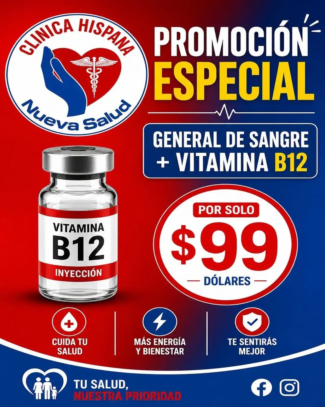 Promoción de examen general de sangre con inyección de vitamina B12 por $99 en Clínica Hispana Nueva Salud La Porte, TX
